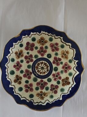 Hand-Painted Floral Ceramic Plate in Blue, Green, Pink, Brown